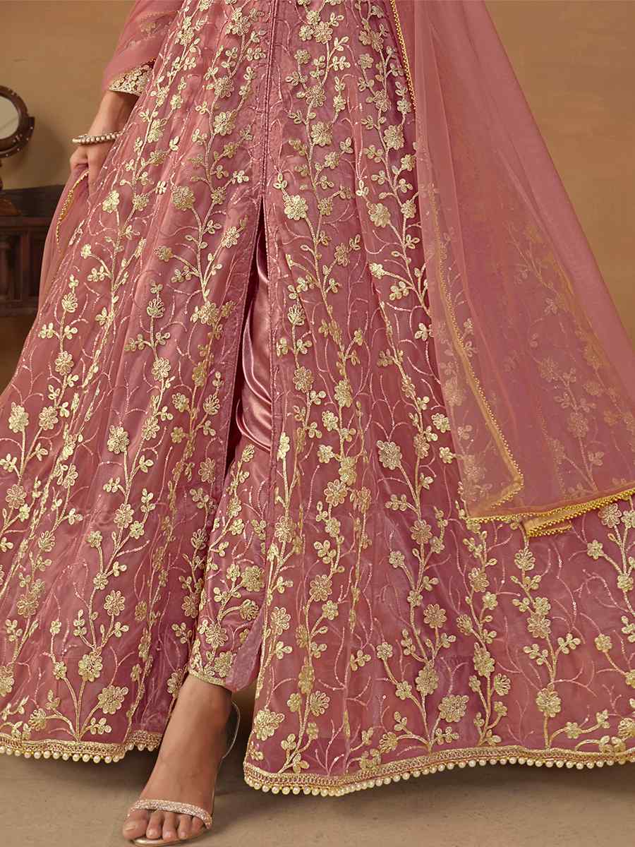 Dusty Pink Net Embroidered Festival Wedding Anarkali Salwar Kameez