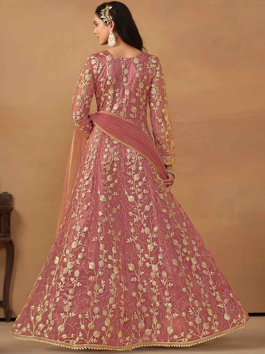 Dusty Pink Net Embroidered Festival Wedding Anarkali Salwar Kameez