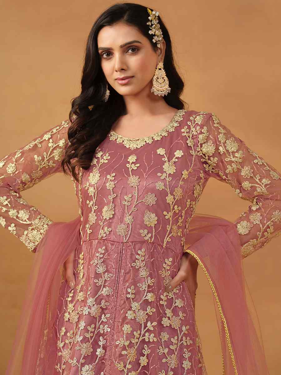 Dusty Pink Net Embroidered Festival Wedding Anarkali Salwar Kameez