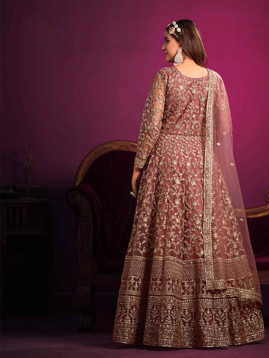 Dusty Pink Net Embroidered Festival Wedding Anarkali Salwar Kameez