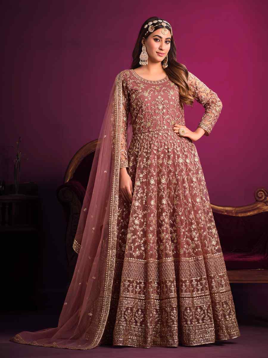 Dusty Pink Net Embroidered Festival Wedding Anarkali Salwar Kameez