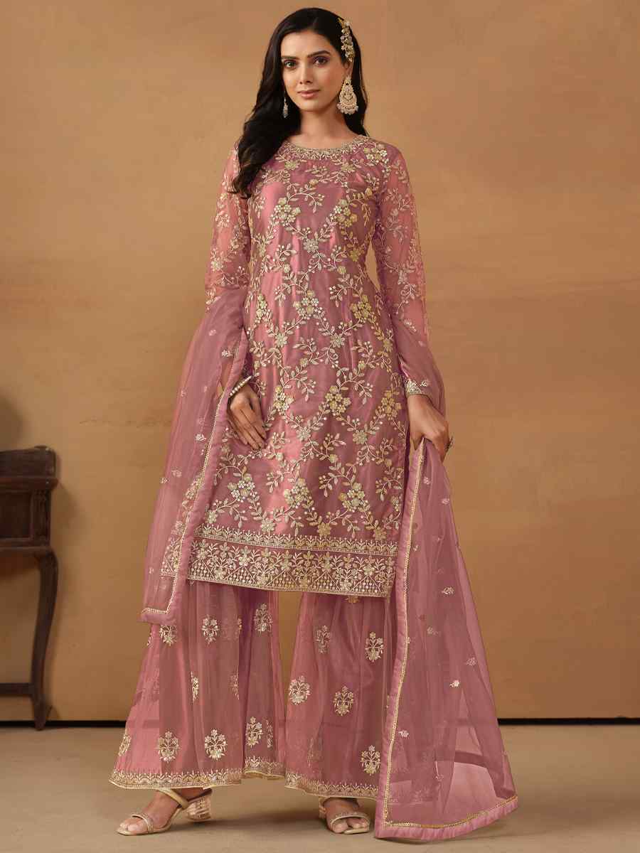 Dusty Pink Net Embroidered Festival Wedding Sharara Pant Salwar Kameez