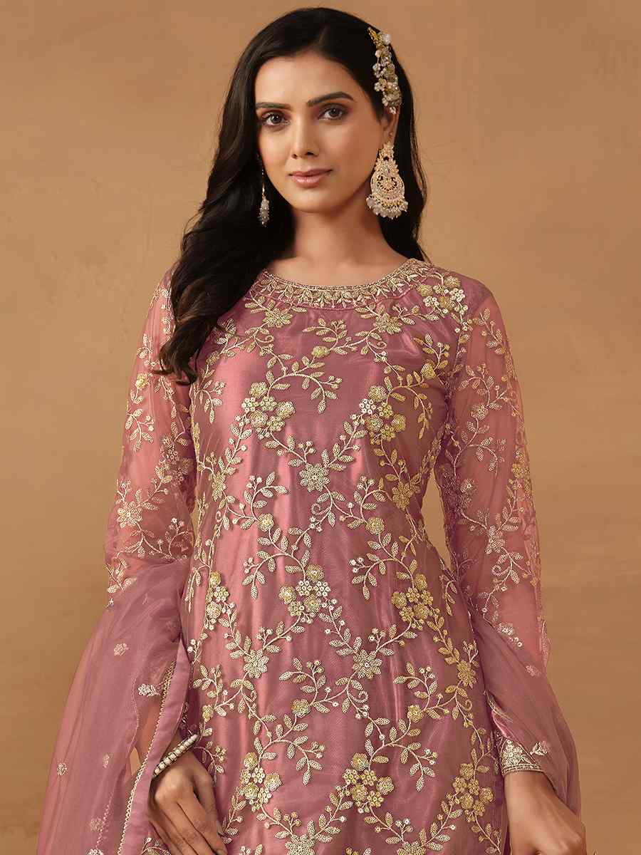 Dusty Pink Net Embroidered Festival Wedding Sharara Pant Salwar Kameez
