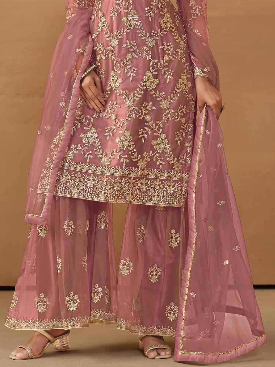 Dusty Pink Net Embroidered Festival Wedding Sharara Pant Salwar Kameez