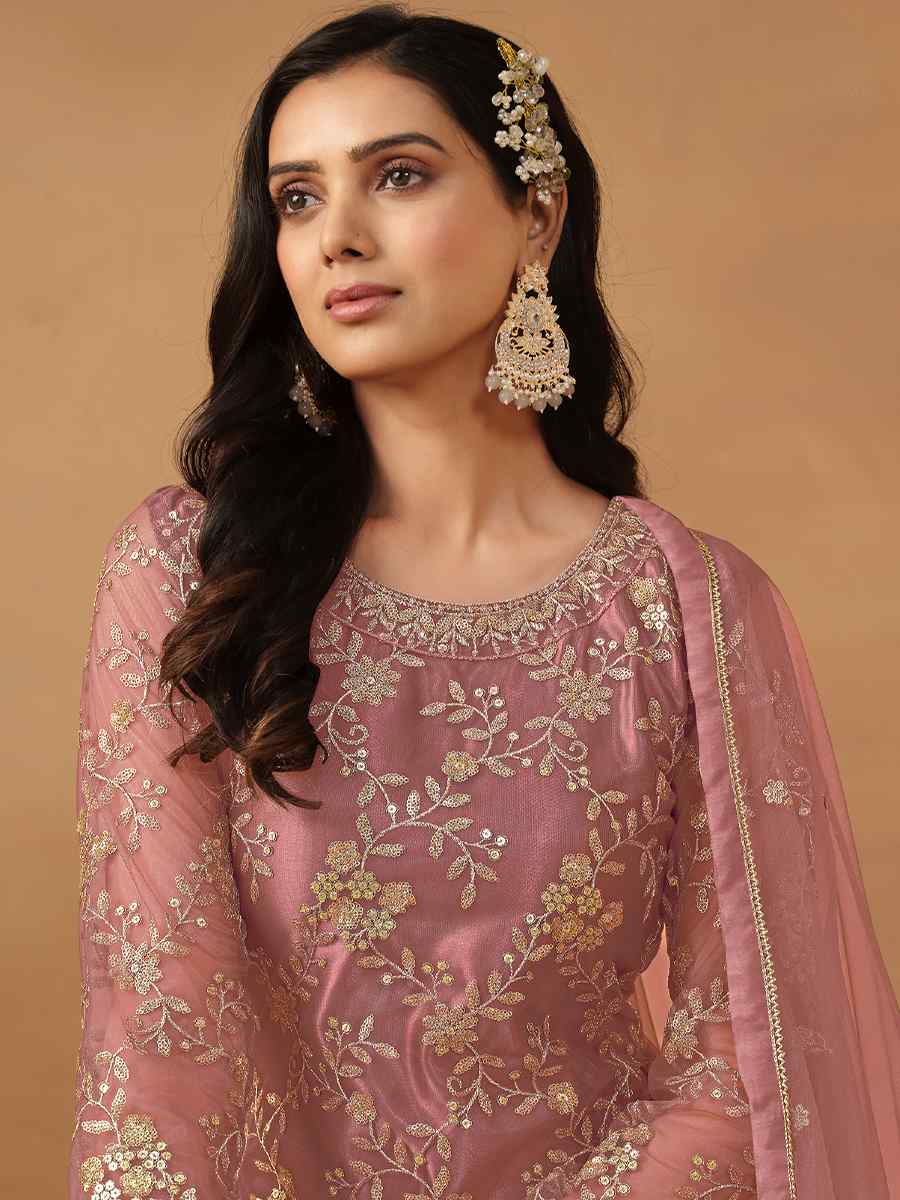 Dusty Pink Net Embroidered Festival Wedding Sharara Pant Salwar Kameez