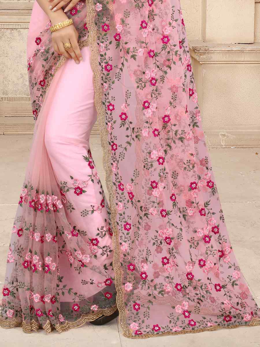 Dusty Pink Net Embroidered Party Festival Contemporary Saree