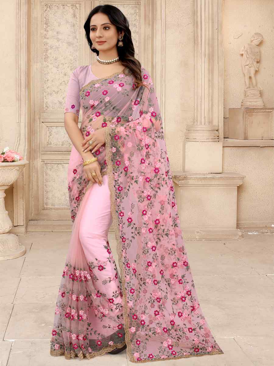 Dusty Pink Net Embroidered Party Festival Contemporary Saree