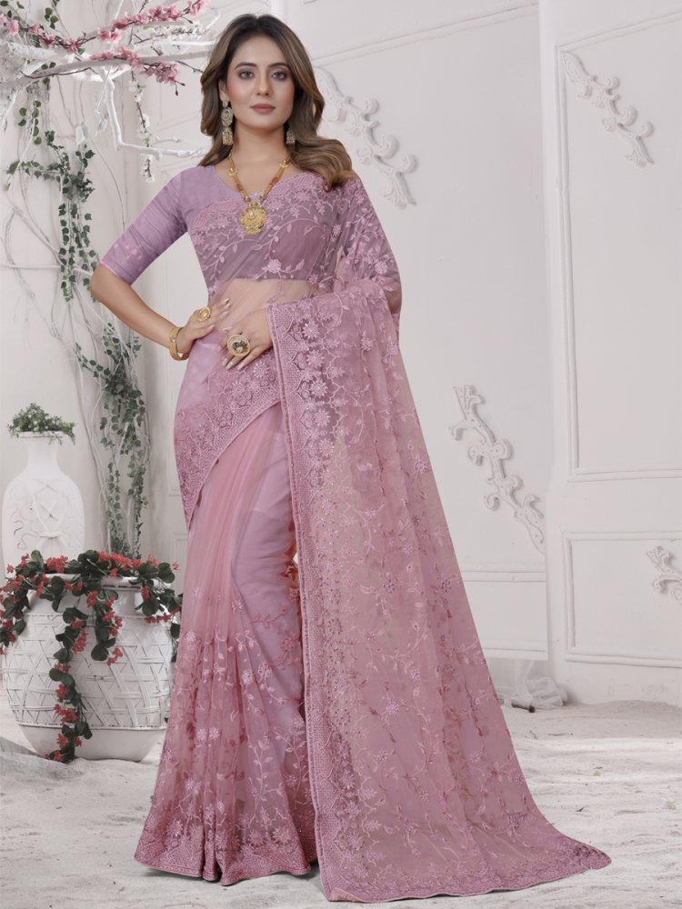 Dusty Pink Net Embroidered Party Festival Heavy Border Saree