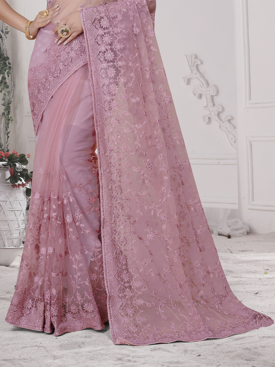 Dusty Pink Net Embroidered Party Festival Heavy Border Saree