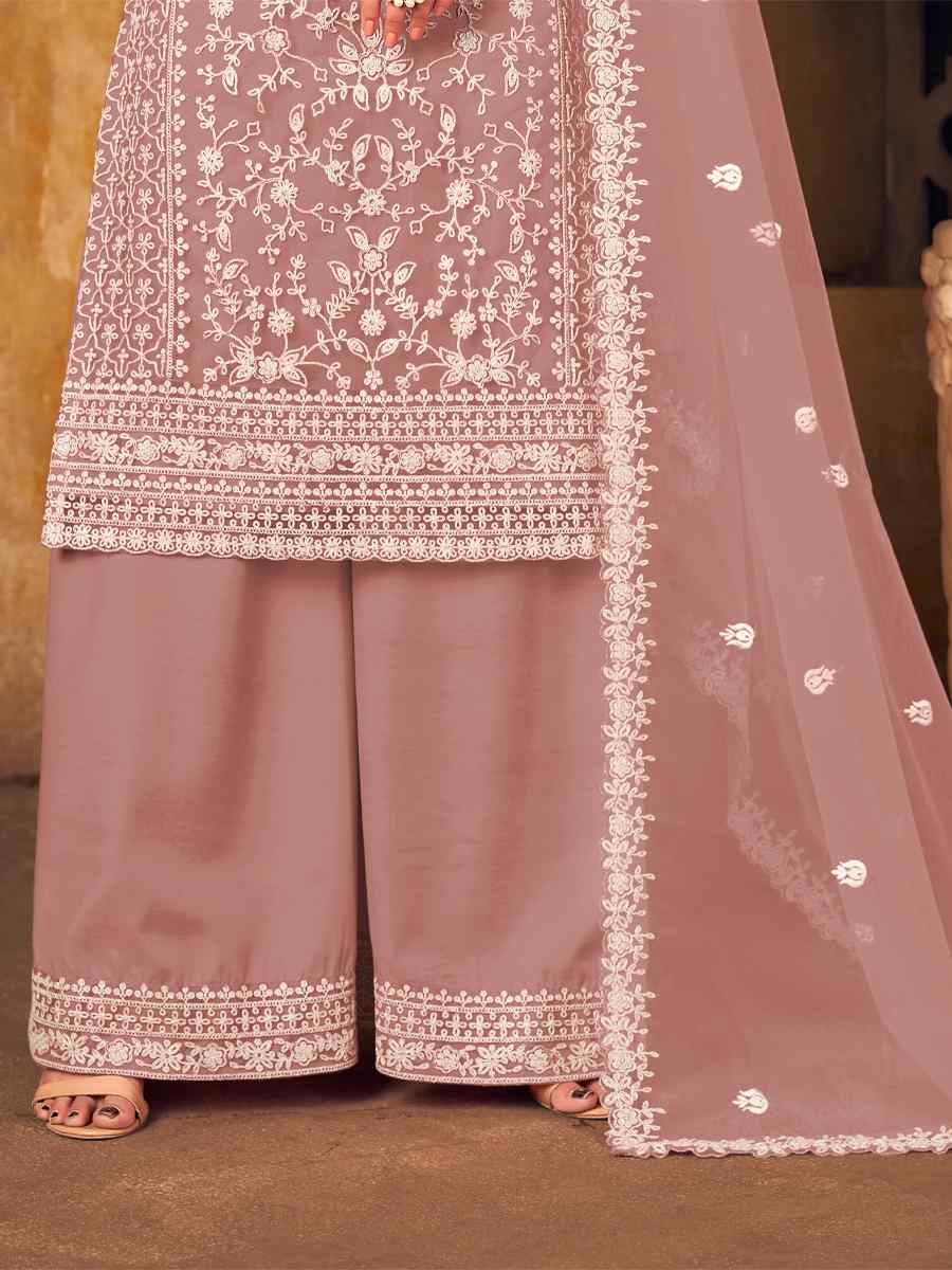 Dusty Pink Net Embroidered Party Wedding Palazzo Pant Salwar Kameez