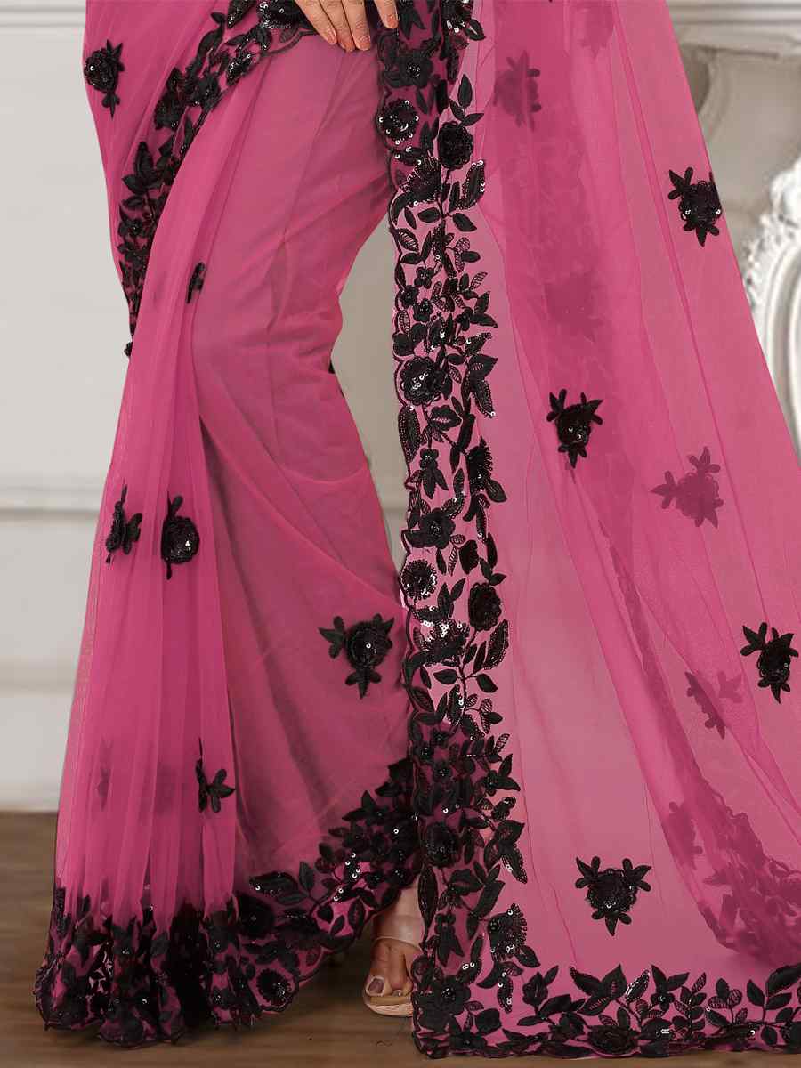 Dusty Pink Net Embroidered Wedding Bridesmaid Heavy Border Saree