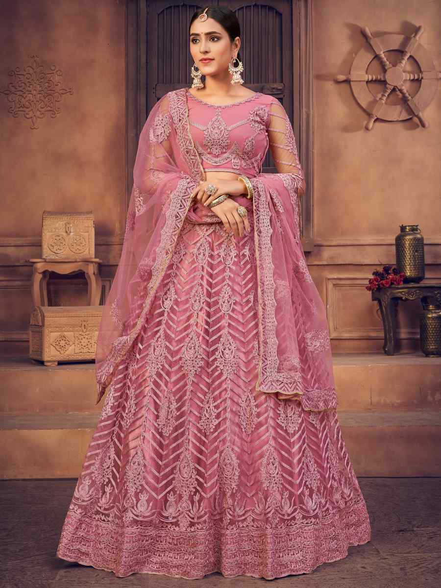 Dusty Pink Net Embroidered Wedding Festival Heavy Border Lehenga Choli