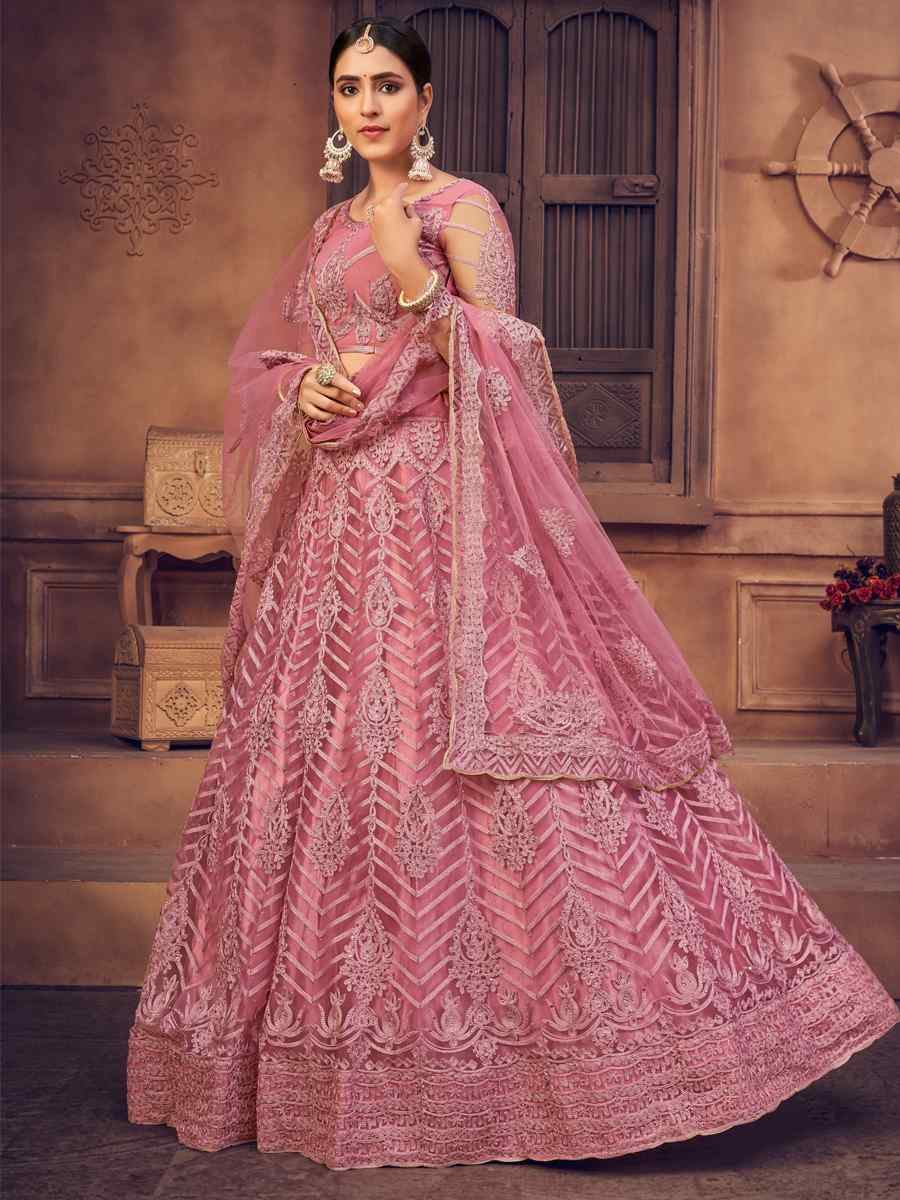Dusty Pink Net Embroidered Wedding Festival Heavy Border Lehenga Choli