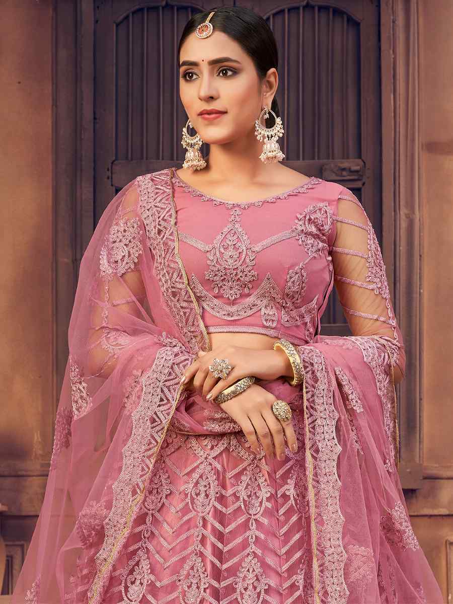 Dusty Pink Net Embroidered Wedding Festival Heavy Border Lehenga Choli