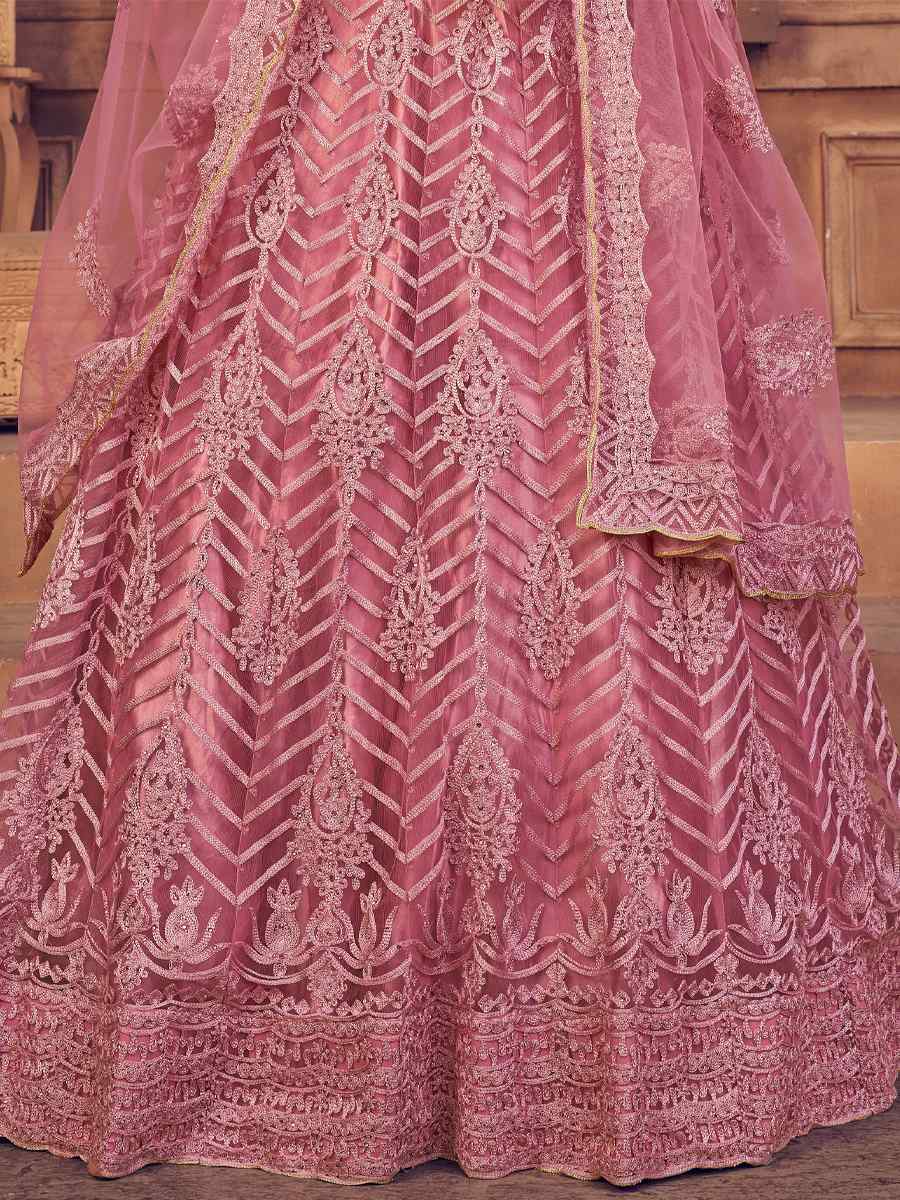 Dusty Pink Net Embroidered Wedding Festival Heavy Border Lehenga Choli