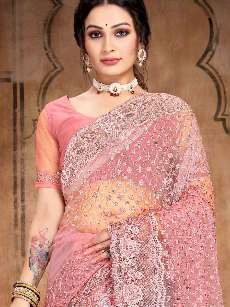Dusty Pink Net Embroidered Wedding Festival Heavy Border Saree