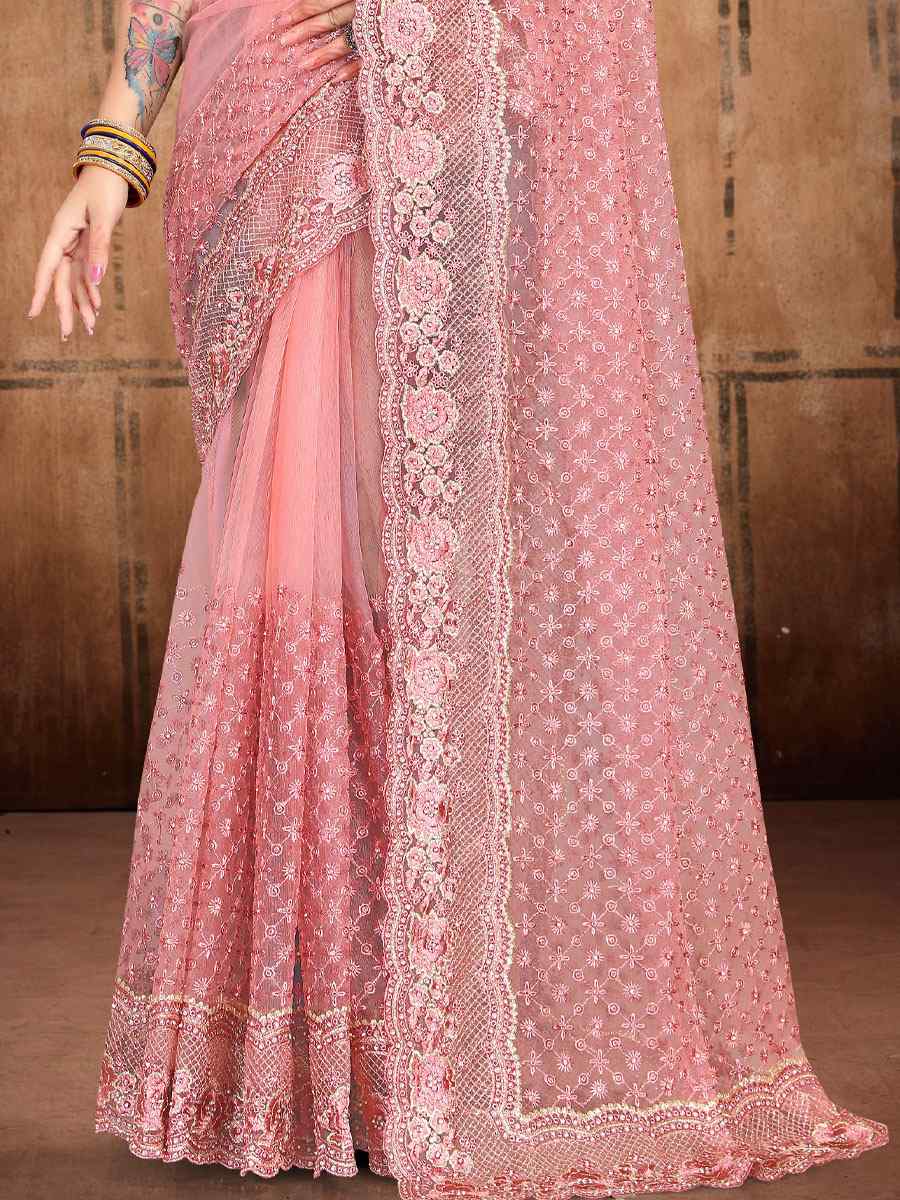 Dusty Pink Net Embroidered Wedding Festival Heavy Border Saree