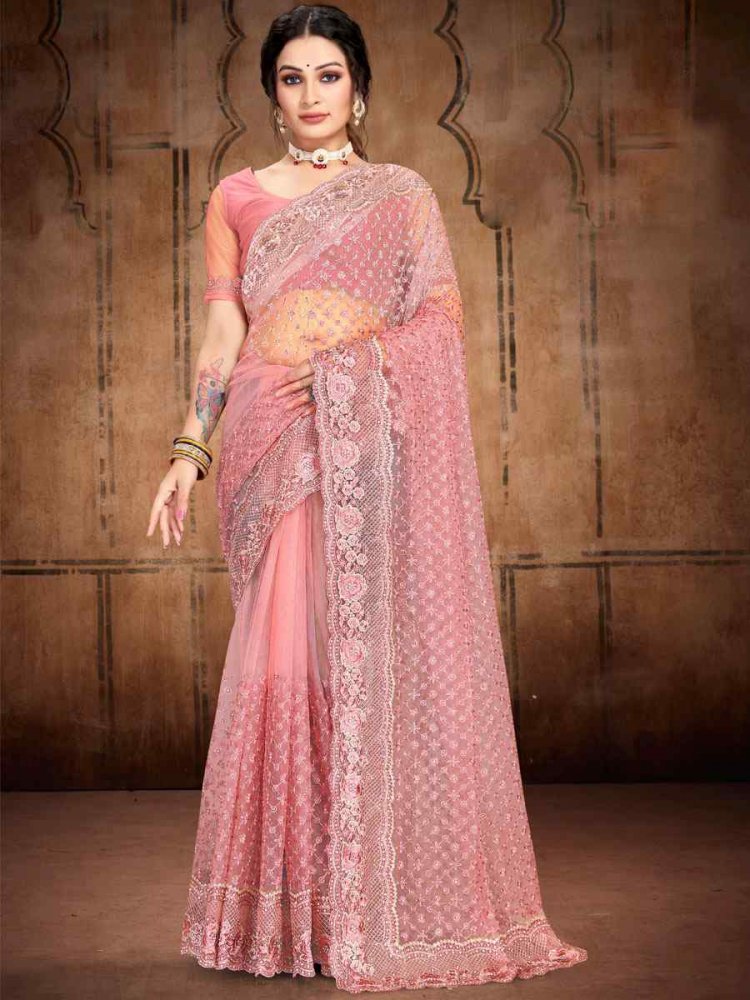 Dusty Pink Net Embroidered Wedding Festival Heavy Border Saree