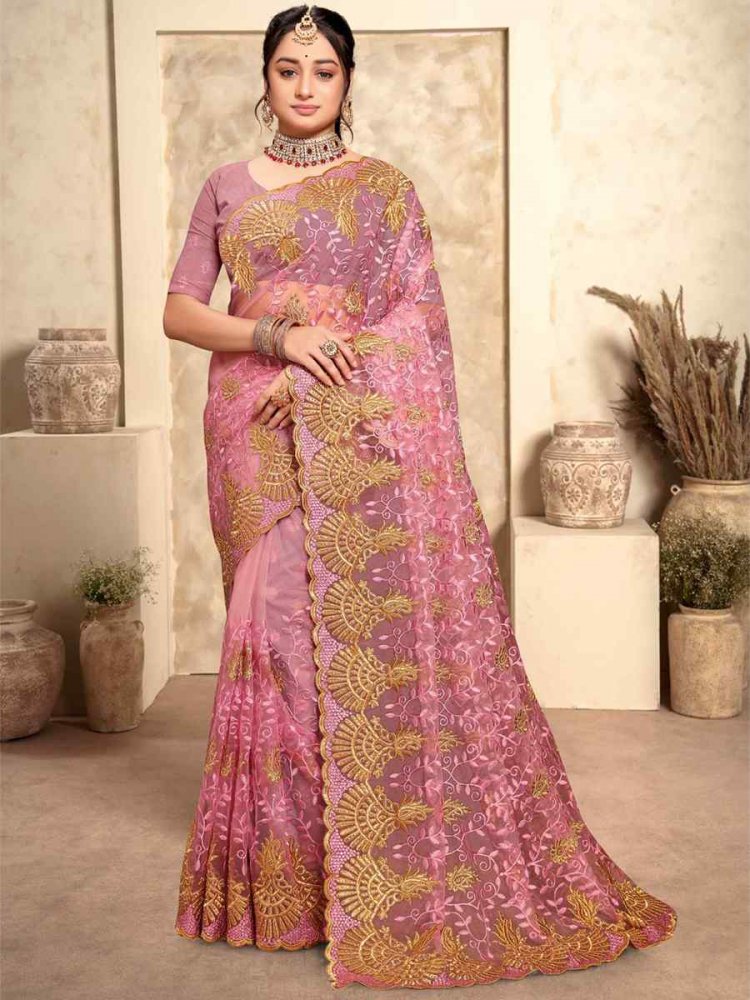 Dusty Pink Net Embroidery Party Wedding Heavy Border Saree