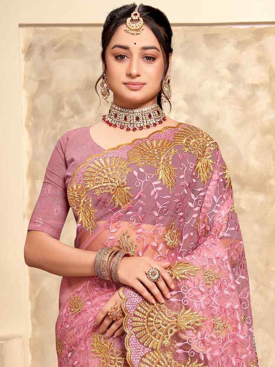 Dusty Pink Net Embroidery Party Wedding Heavy Border Saree
