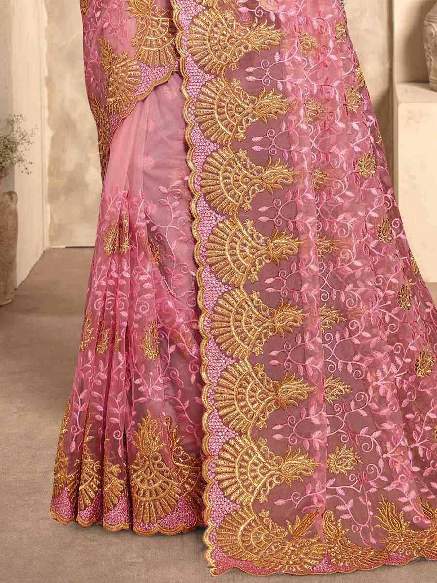 Dusty Pink Net Embroidery Party Wedding Heavy Border Saree