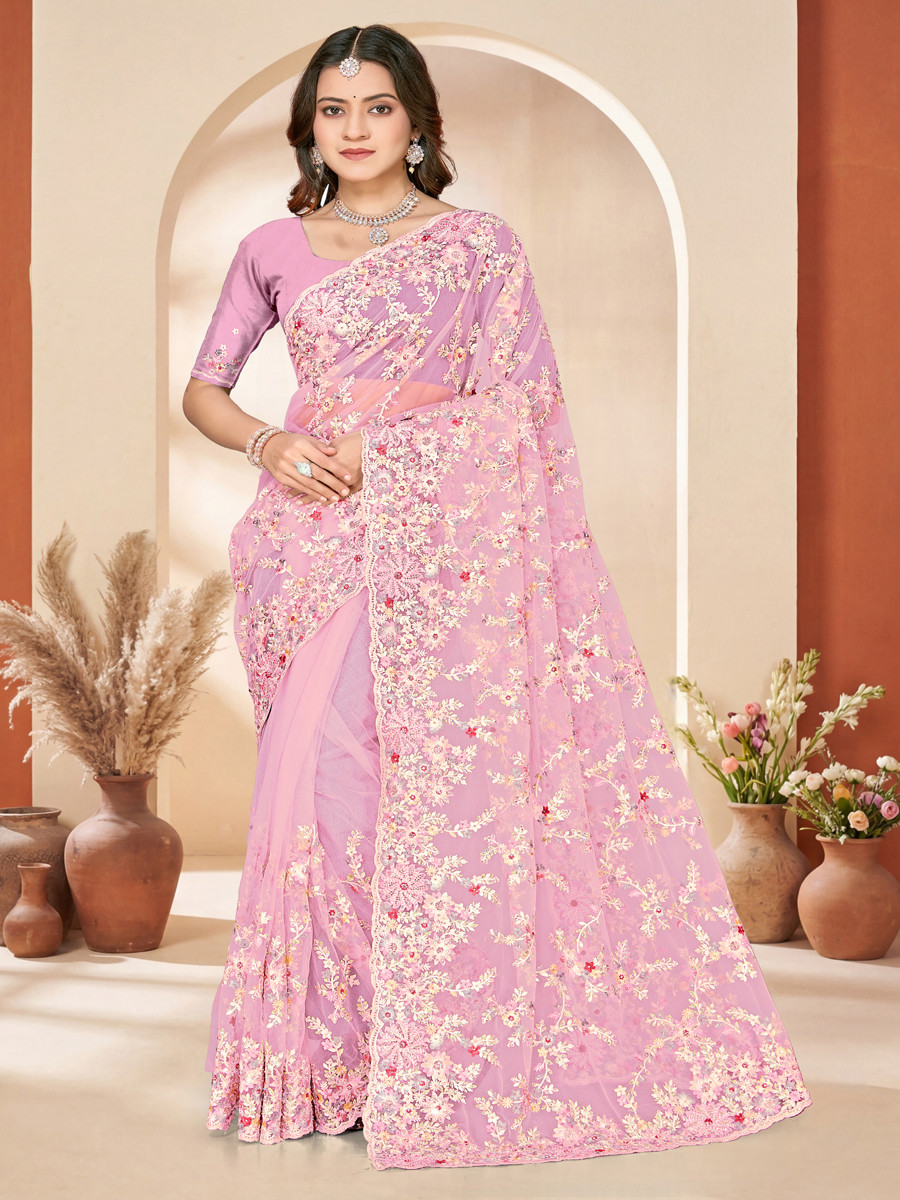 Dusty pink Net Embroidery Zari Wedding Reception Party Festival Casual Heavy Border Sarees