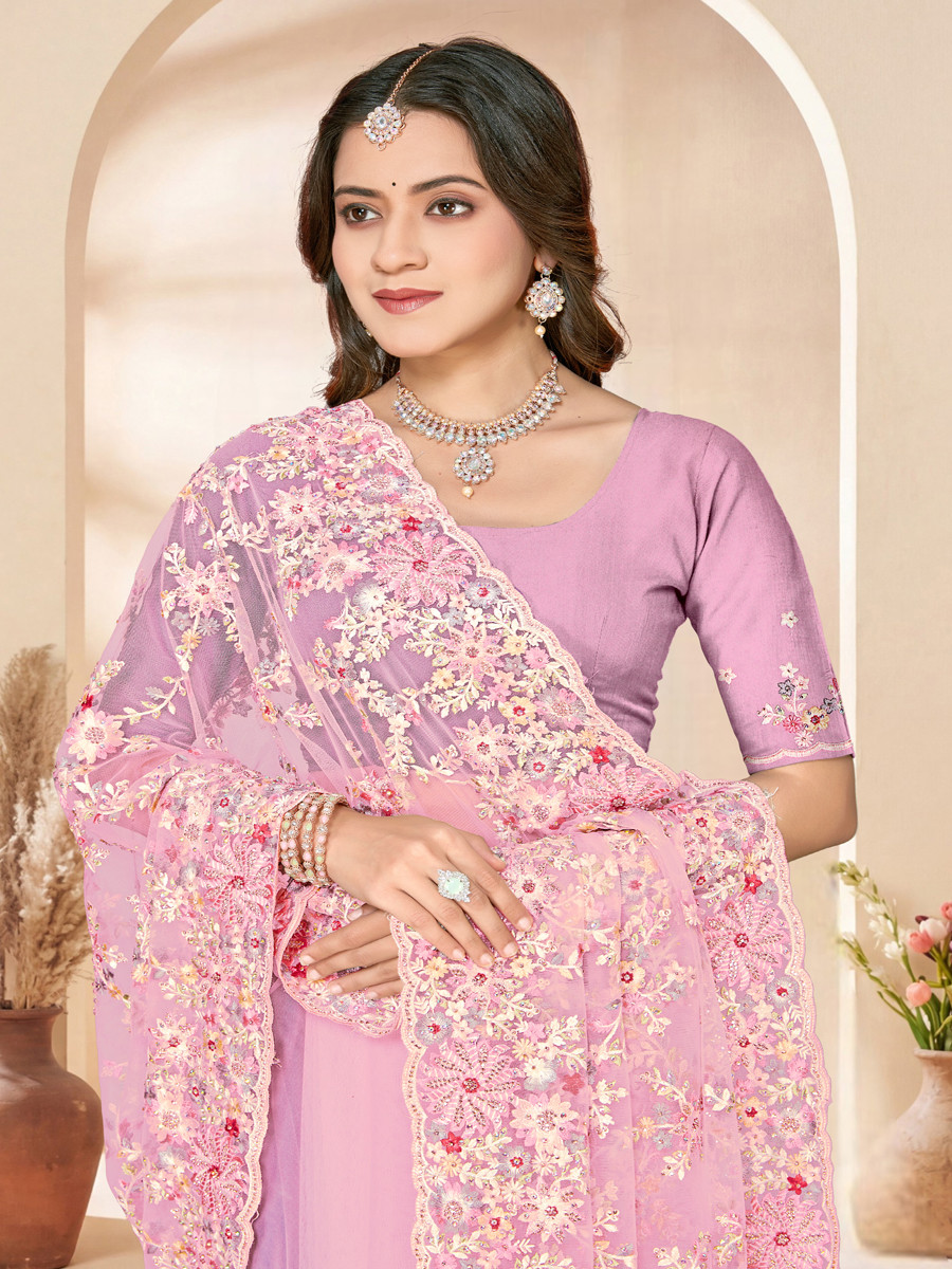 Dusty pink Net Embroidery Zari Wedding Reception Party Festival Casual Heavy Border Sarees