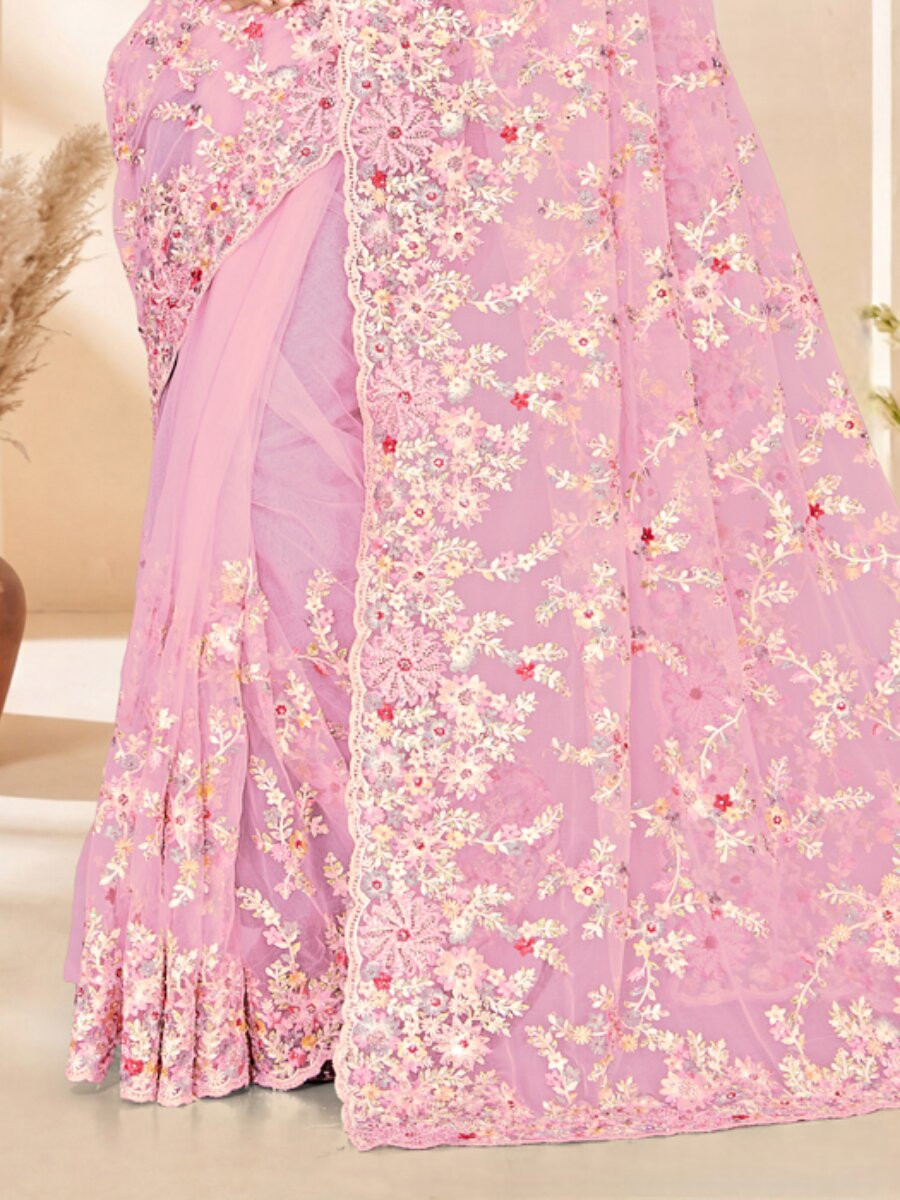 Dusty pink Net Embroidery Zari Wedding Reception Party Festival Casual Heavy Border Sarees