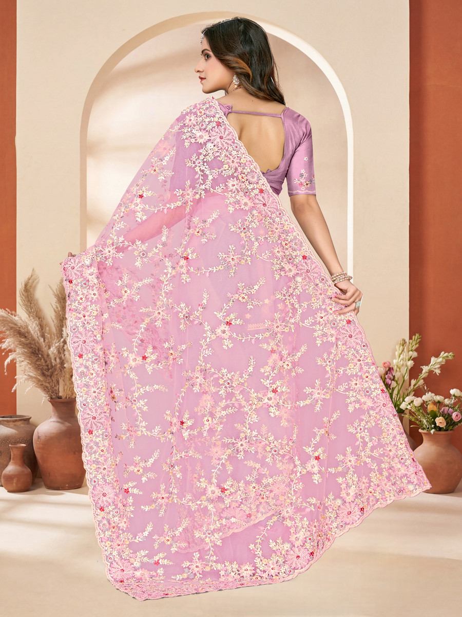 Dusty pink Net Embroidery Zari Wedding Reception Party Festival Casual Heavy Border Sarees