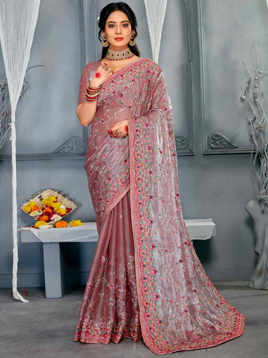 Dusty Pink Organza Embroidered Party Festival Classic Style Saree