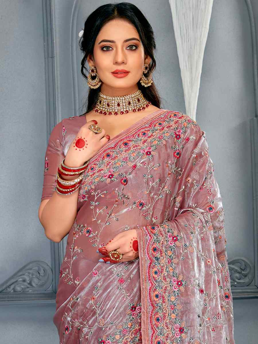 Dusty Pink Organza Embroidered Party Festival Classic Style Saree