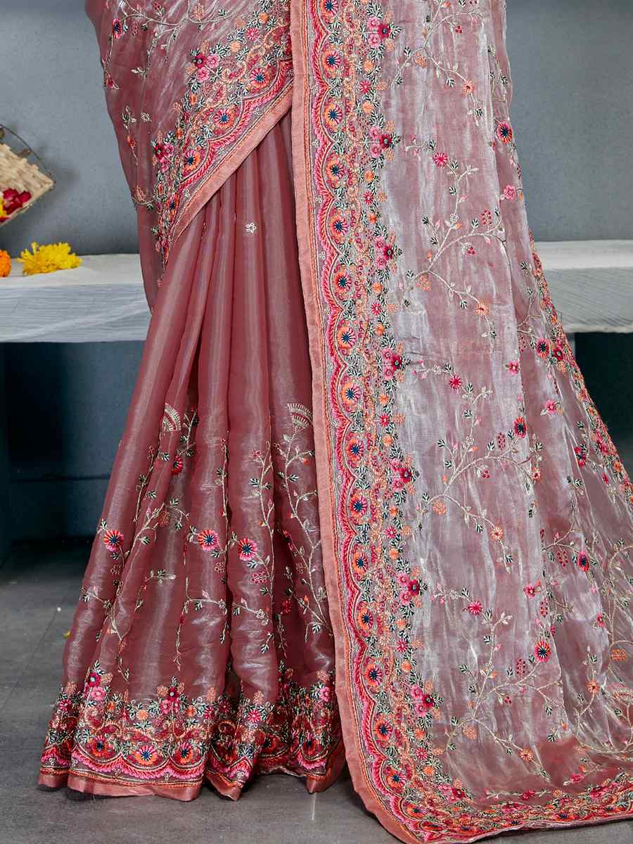 Dusty Pink Organza Embroidered Party Festival Classic Style Saree