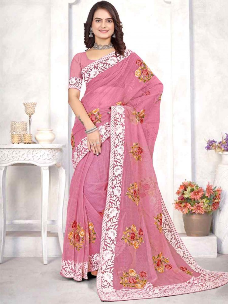 Dusty Pink Organza Embroidered Wedding Festival Heavy Border Saree