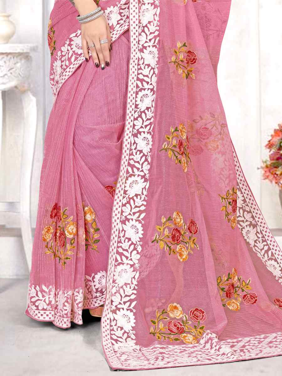 Dusty Pink Organza Embroidered Wedding Festival Heavy Border Saree