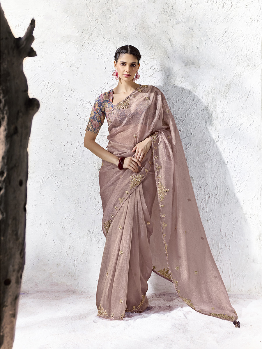 Dusty Pink Premium Luxe Silk Organza Embroidery Sequins Wedding Reception Party Festival Casual Heavy Border Sarees