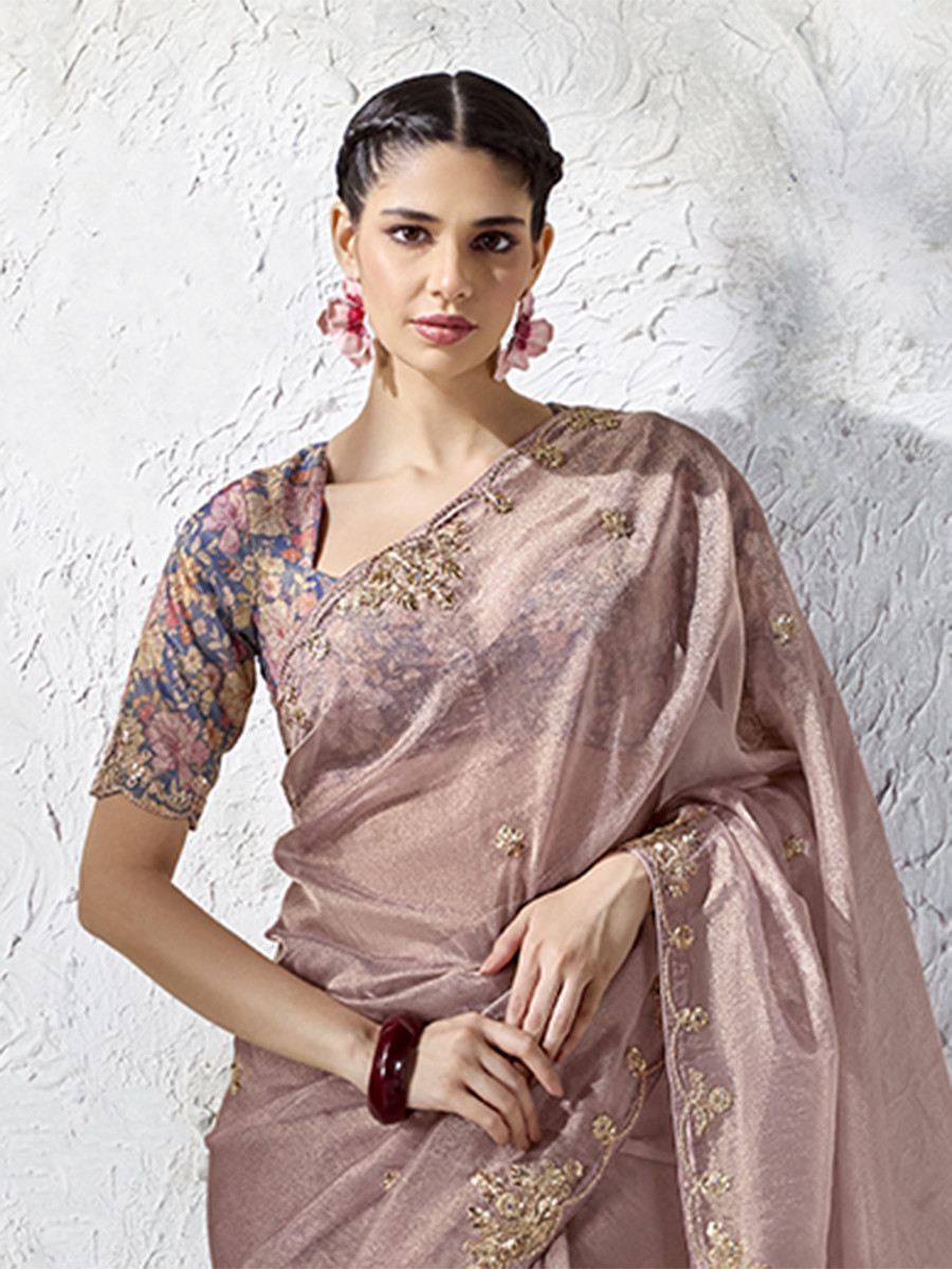 Dusty Pink Premium Luxe Silk Organza Embroidery Sequins Wedding Reception Party Festival Casual Heavy Border Sarees