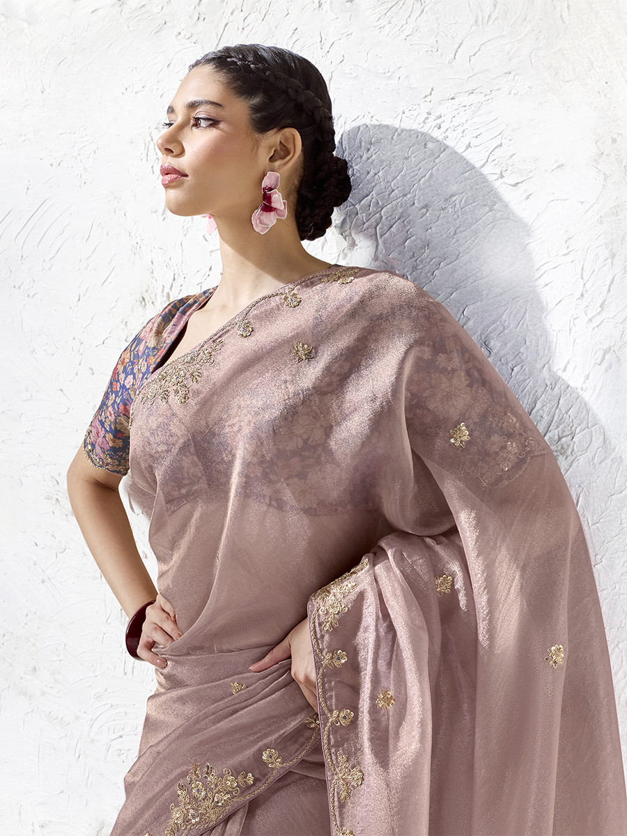 Dusty Pink Premium Luxe Silk Organza Embroidery Sequins Wedding Reception Party Festival Casual Heavy Border Sarees