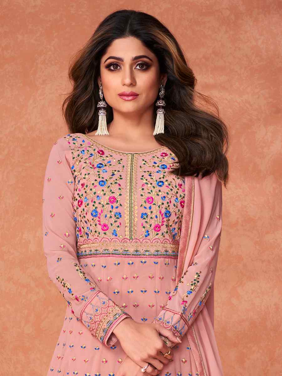 Dusty Pink Real Georgette Embroidered Party Festival Bollywood Style Anarkali Salwar Kameez