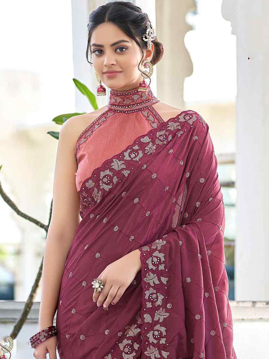 Dusty Pink Silk Embroidered Party Festival Heavy Border Saree