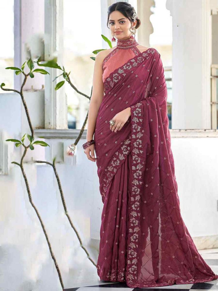 Dusty Pink Silk Embroidered Party Festival Heavy Border Saree