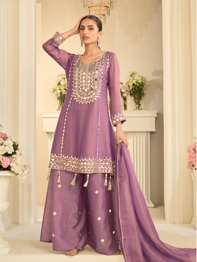 Image of Dusty Pink Simar Silk Mirror Work Wedding Party Festival Casual Ready Palazzo Pant Salwar Kameez