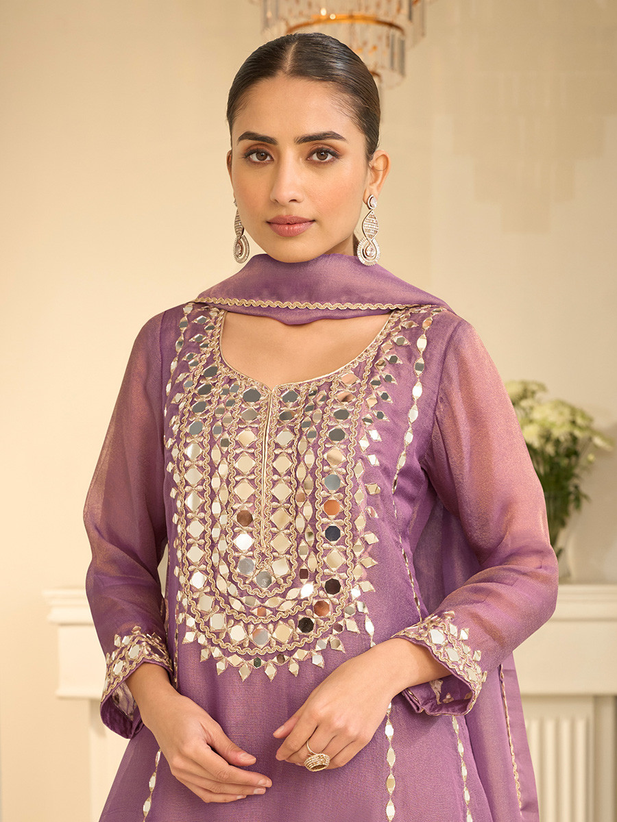 Dusty Pink Simar Silk Mirror Work Wedding Party Festival Casual Ready Palazzo Pant Salwar Kameez