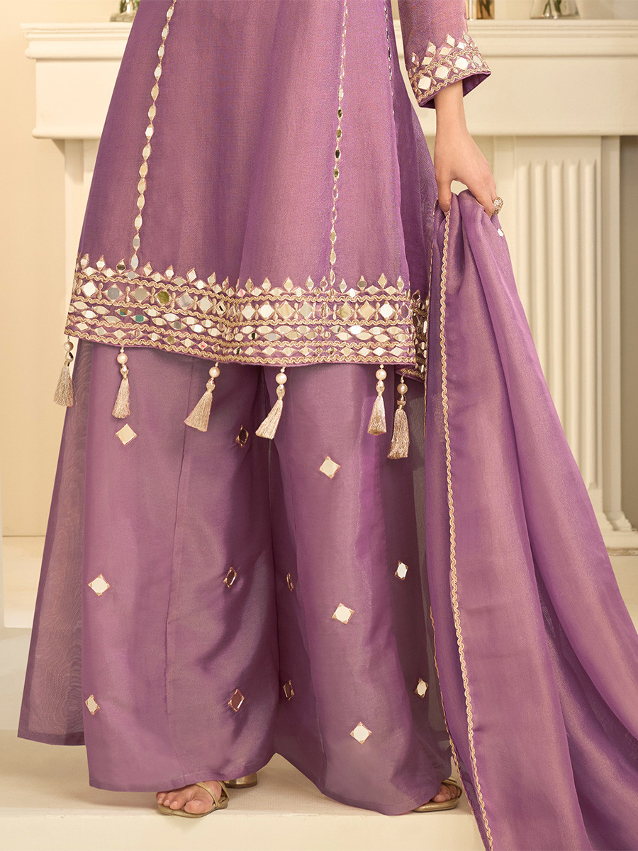 Dusty Pink Simar Silk Mirror Work Wedding Party Festival Casual Ready Palazzo Pant Salwar Kameez