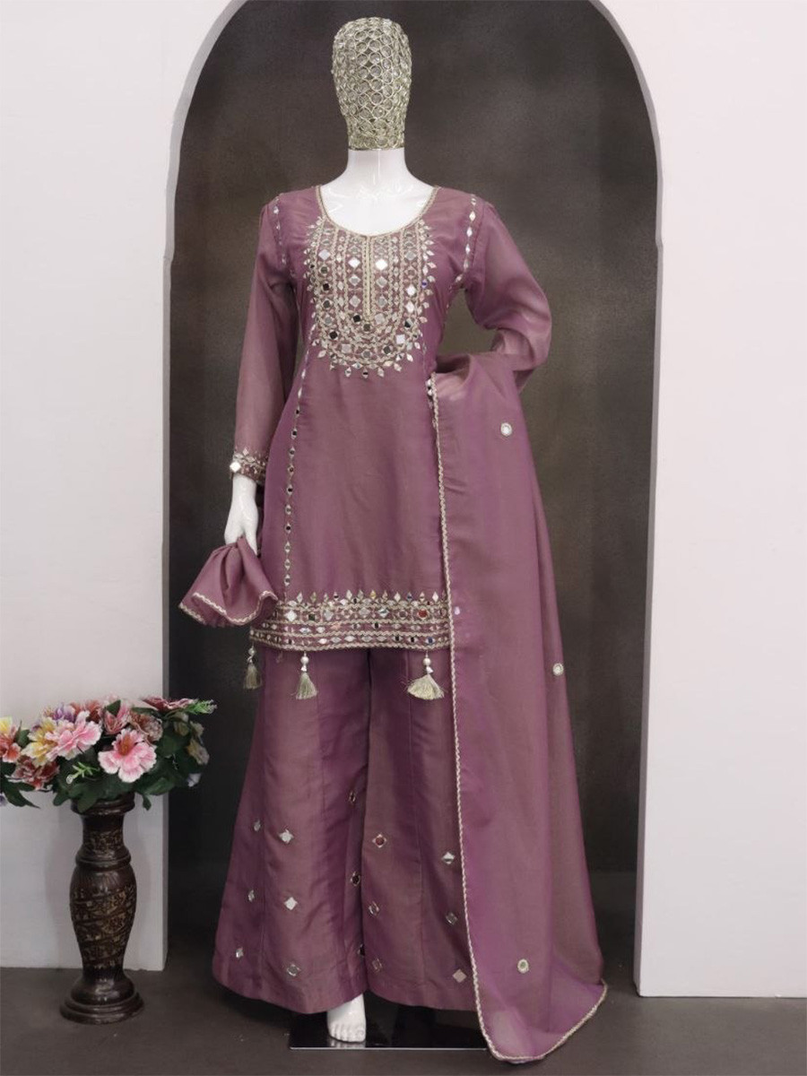 Dusty Pink Simar Silk Mirror Work Wedding Party Festival Casual Ready Palazzo Pant Salwar Kameez