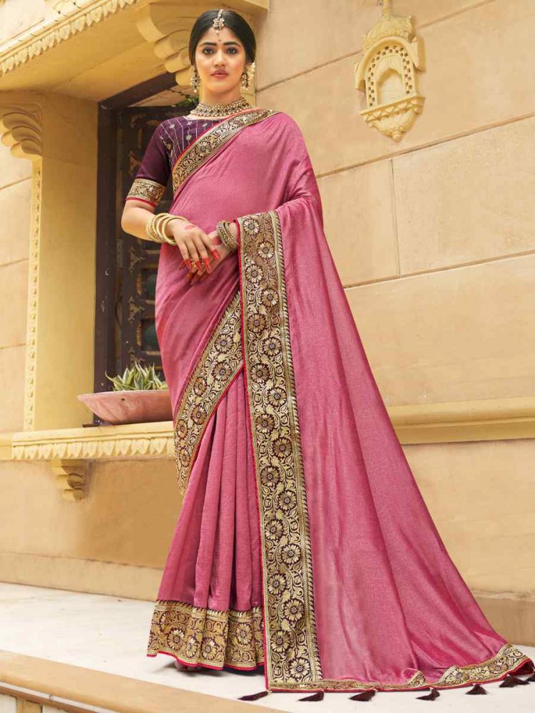 Dusty Pink Vichitra Silk Embroidered Party Reception Heavy Border Saree