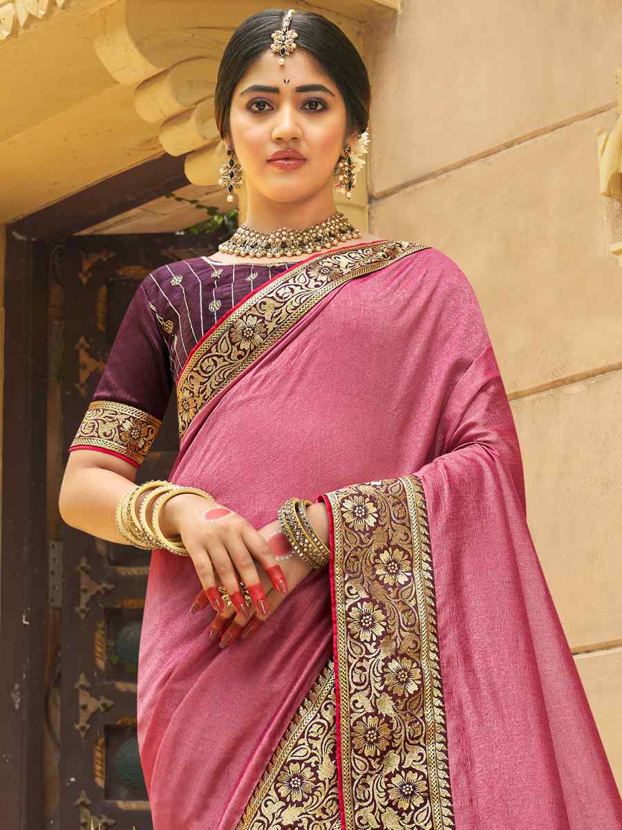 Dusty Pink Vichitra Silk Embroidered Party Reception Heavy Border Saree