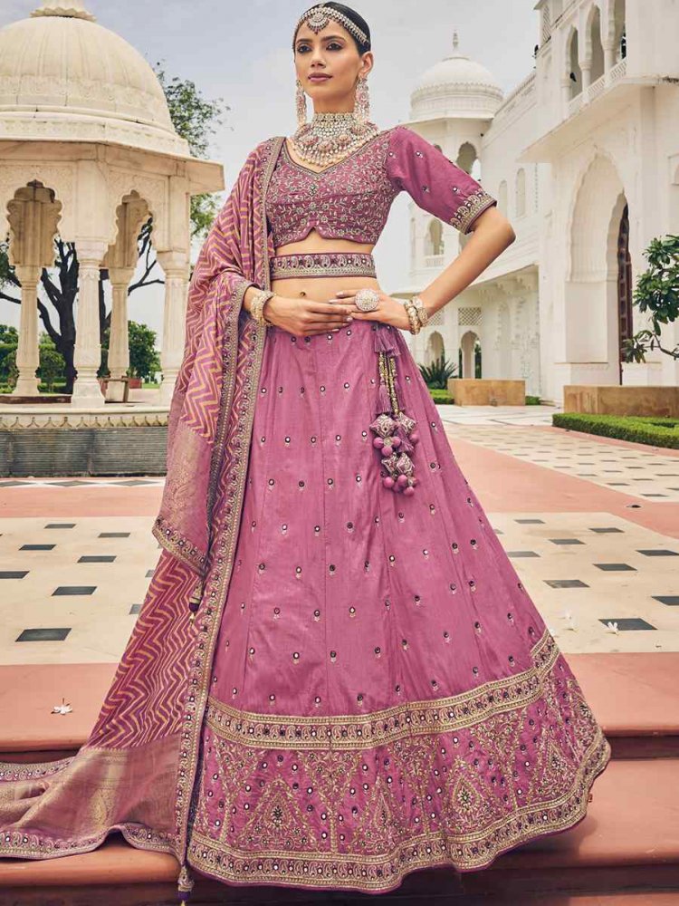Dusty Pink Viscose Embroidered Reception Party Wear Heavy Border Lehenga Choli
