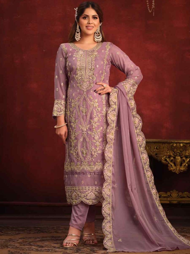 Dusty Pink Viscose Organza Embroidered Festival Wedding Pant Salwar Kameez