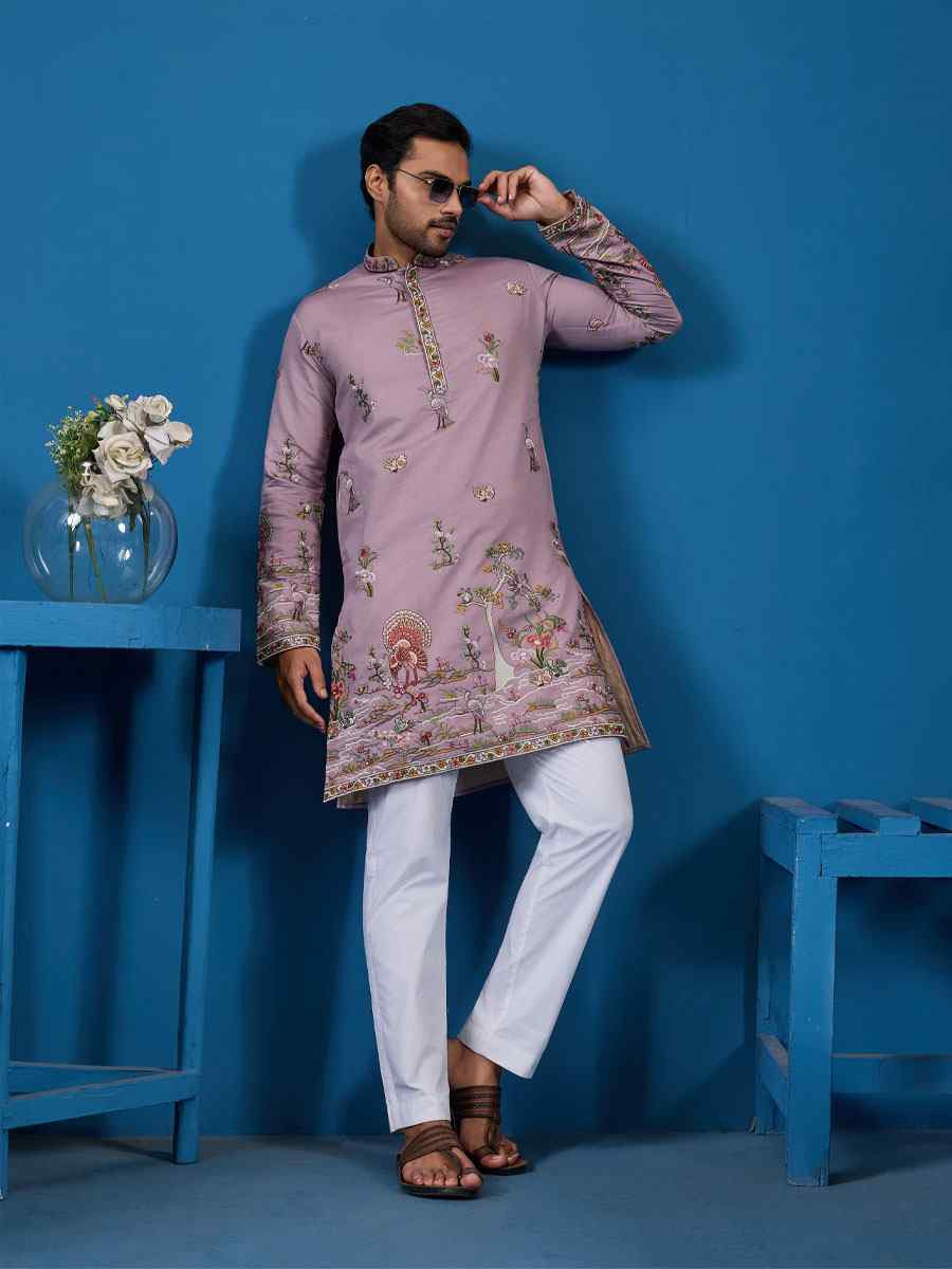 Dusty Pink Viscose Silk Embroidery Festival Wedding Party Mens Kurta