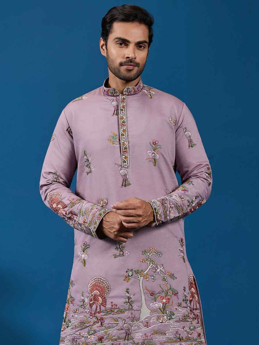 Dusty Pink Viscose Silk Embroidery Festival Wedding Party Mens Kurta